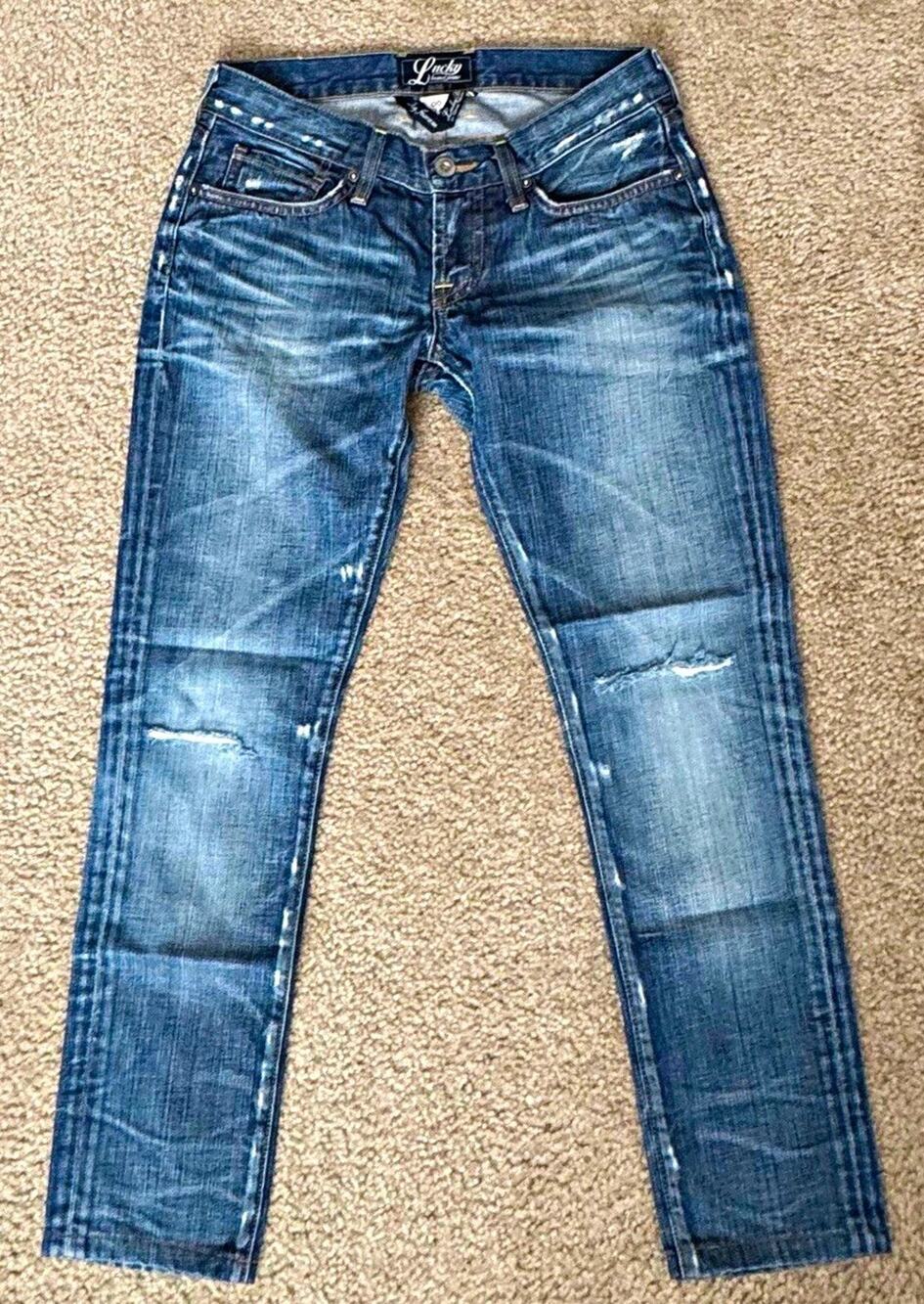 Lucky Brand Womens 00/24 Low Rise Skinny Blue Jeans Distressed Blue Stretch Y2K